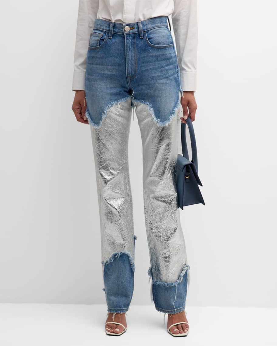 Brandon Maxwell The Cortlandt Denim Pants with Metallic Leather Detail ...
