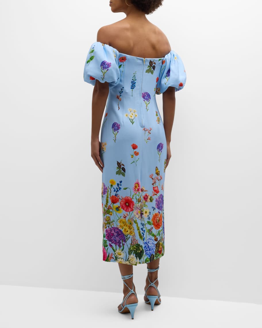 Image 3 of 6: Karene Floral Crepe Puff-Sleeve Midi Dress