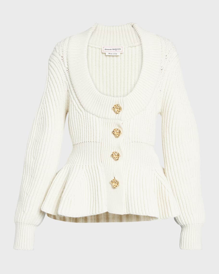 Image 2 of 6: Scoop-Neck Cashmere Rib Peplum Cardigan