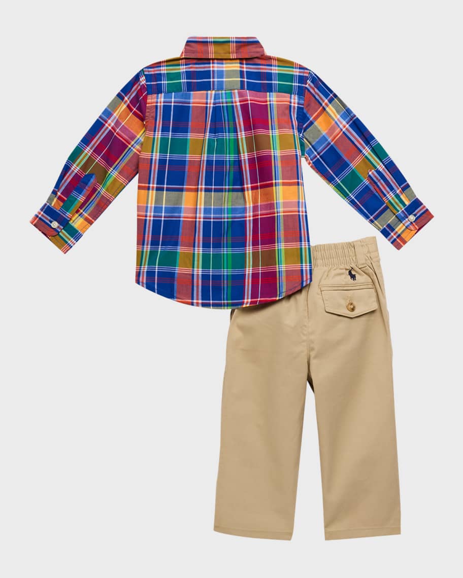 Image 2 of 3: Boy's Plaid Poplin Shirt and Chino Set, Size 3M-24M