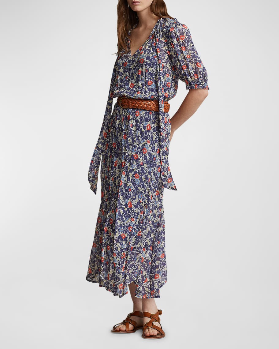Image 2 of 5: Floral Tie-Neck Georgette Midi Dress