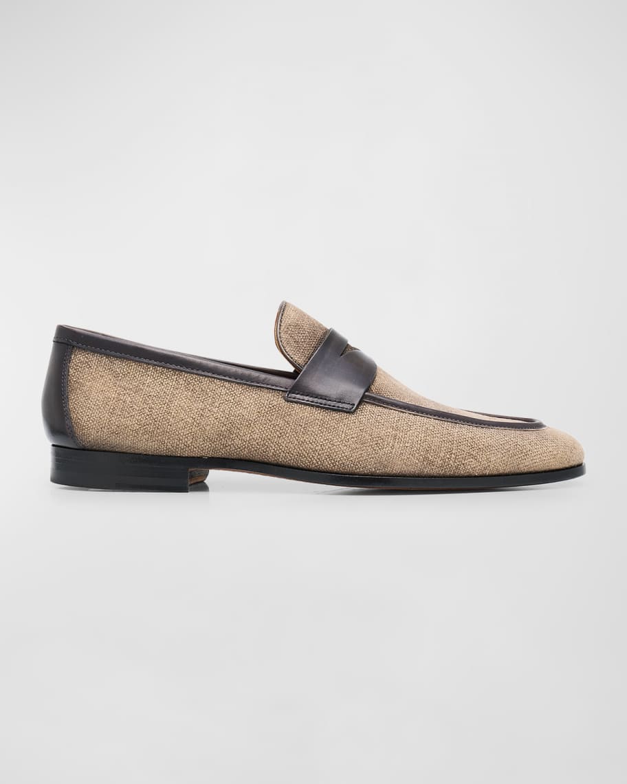 Magnanni Men's Wyland Linen and Leather Penny Loafers | Neiman Marcus