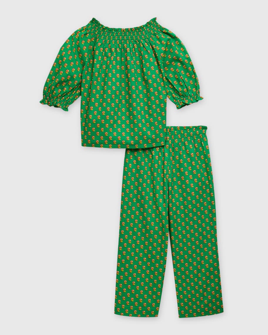 Image 2 of 5: Girl's Floral Smocked Cotton Top and Pant Set, Size 2-6X