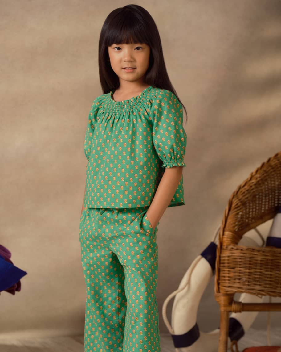 Image 3 of 5: Girl's Floral Smocked Cotton Top and Pant Set, Size 2-6X