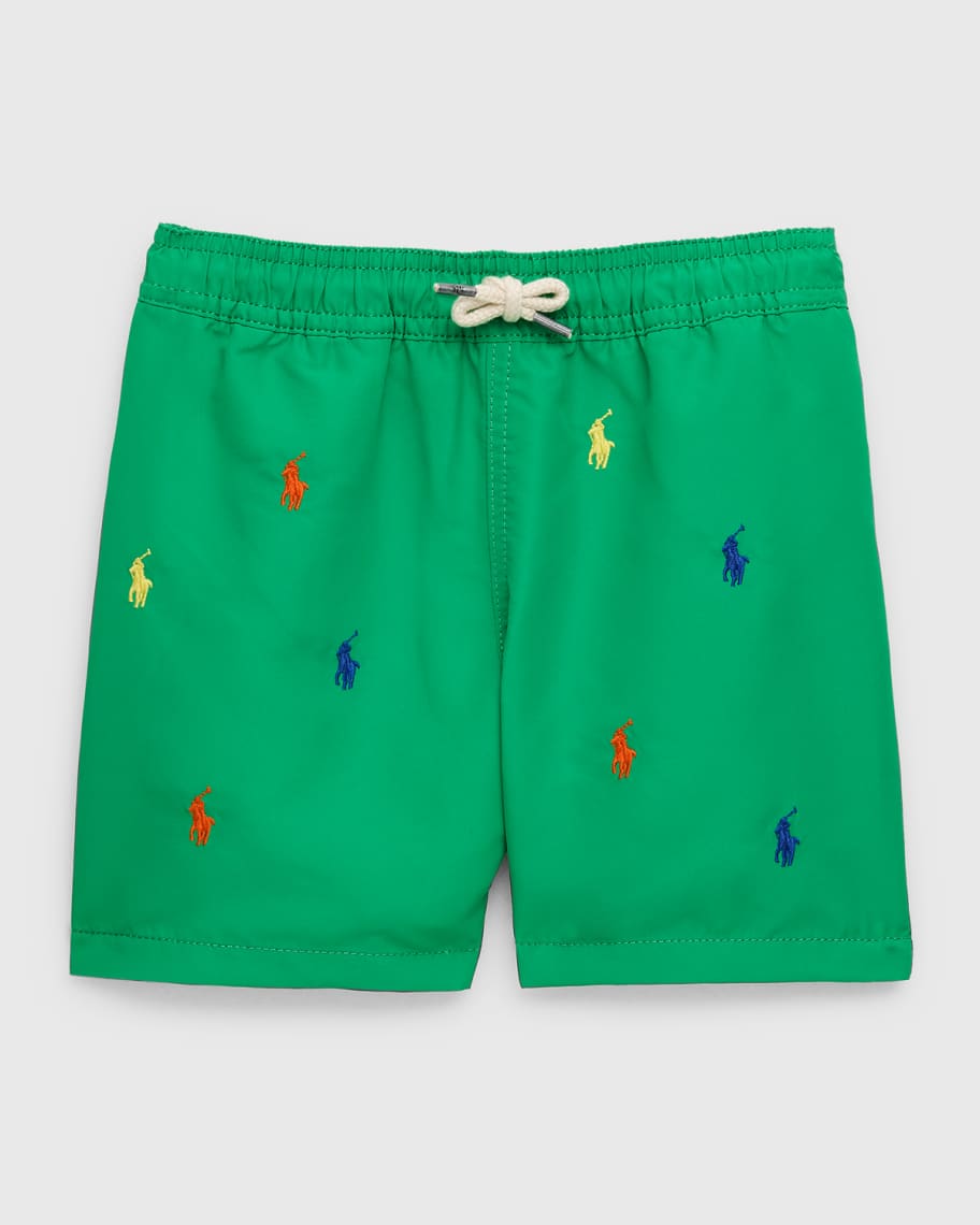 Image 1 of 2: Boy's Embroidered Pony Traveler Swim Trunks, Size 2-7