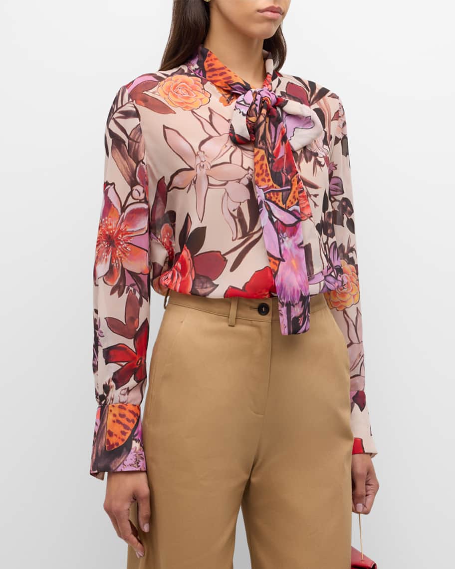 Image 2 of 6: Luna Floral-Print Tie-Neck Blouse