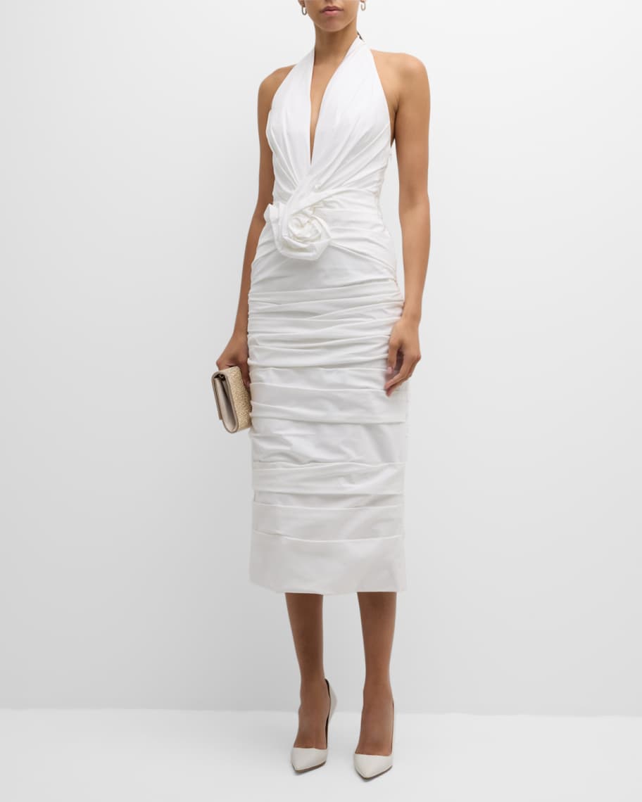 Image 2 of 6: Halter Twisted Flower Ruched Midi Dress