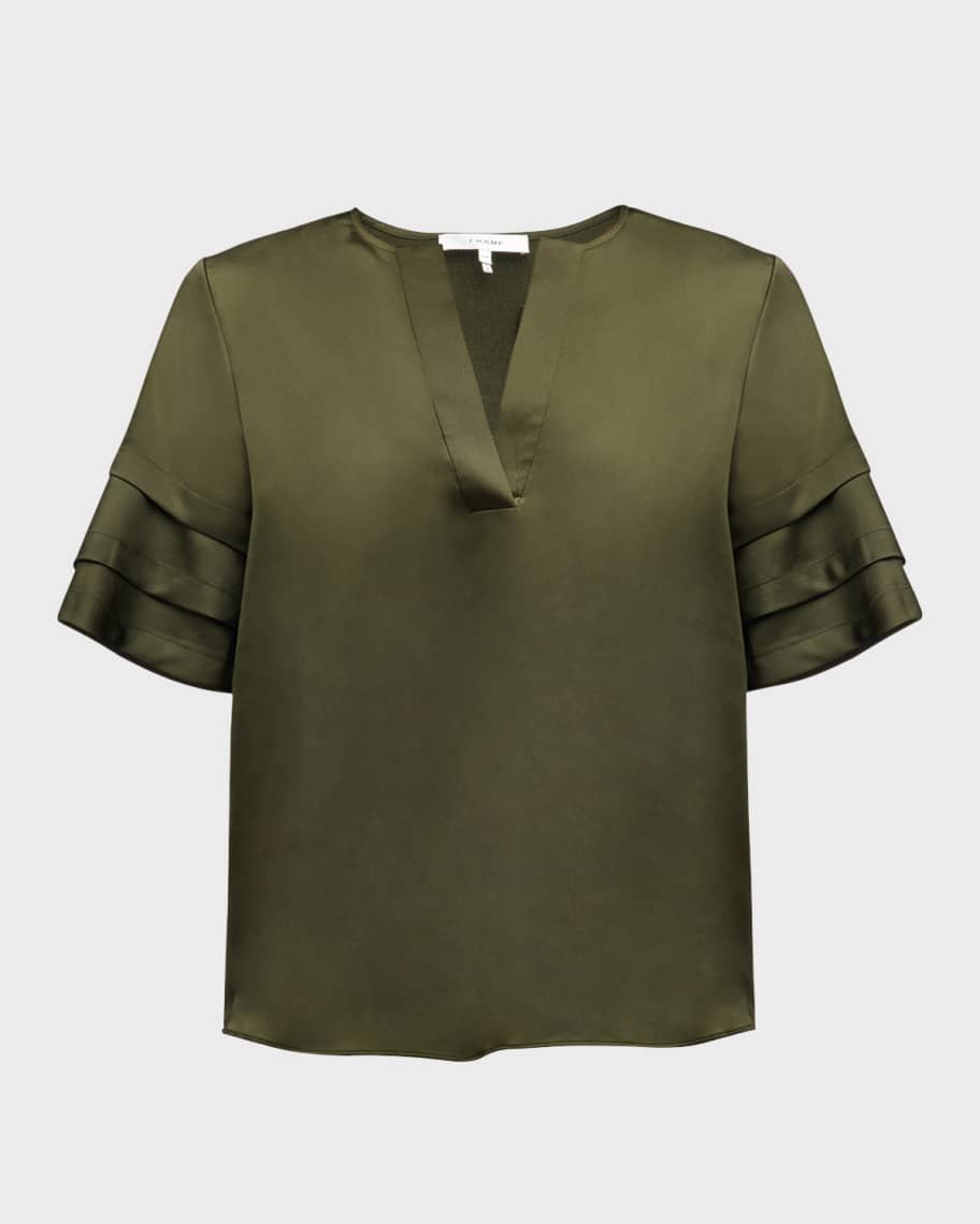 FRAME Tiered Short-Sleeve Satin Blouse