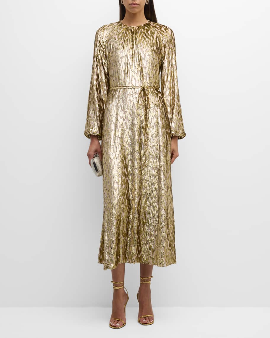 SIMKHAI Odina Blouson-Sleeve Metallic Midi Dress | Neiman Marcus