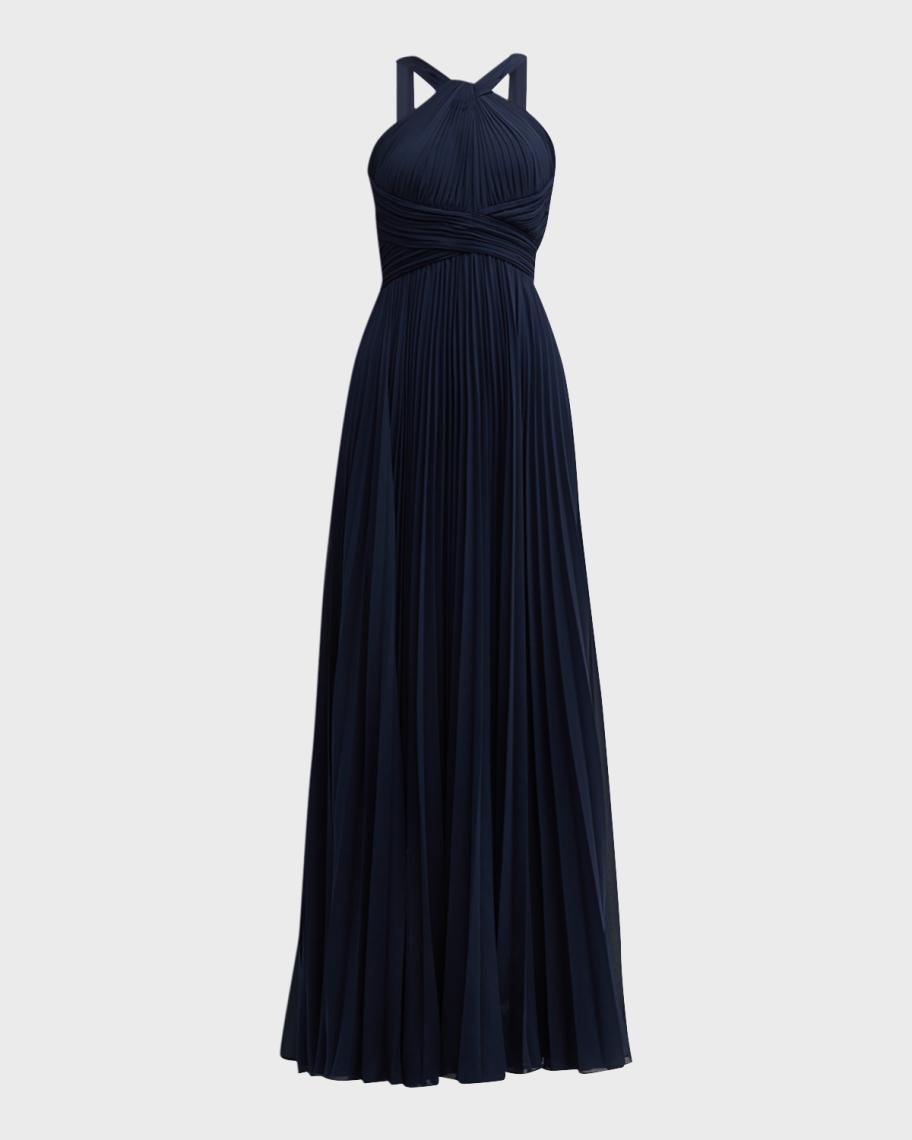 Rickie Freeman for Teri Jon Pleated Twist-Front A-Line Halter Gown ...
