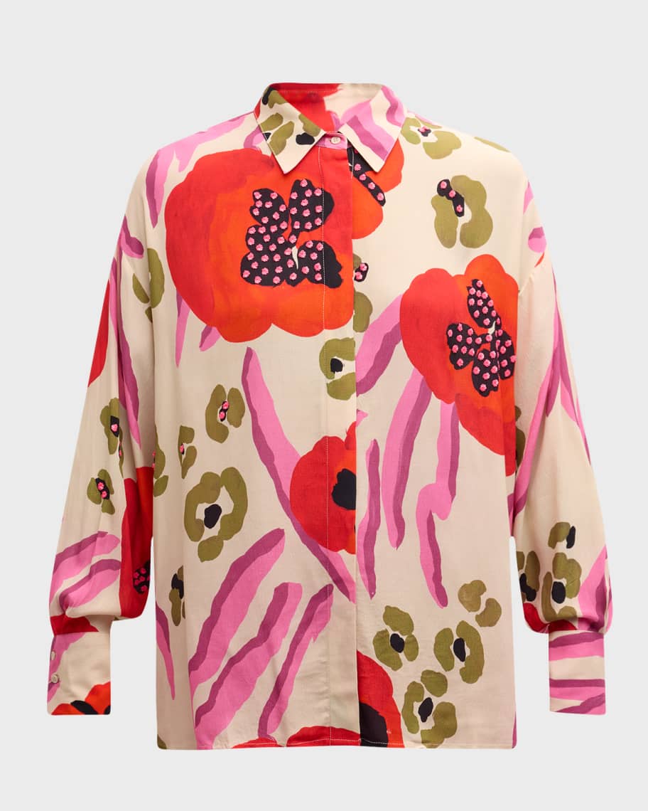 Image 2 of 6: Famsel Oversized Floral Button-Front Shirt