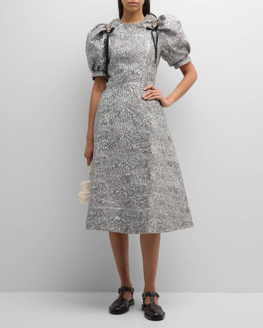Image 1 of 6: Metallic Brocade Puff-Sleeve Ruched Shoulder Cutout Midi Dress