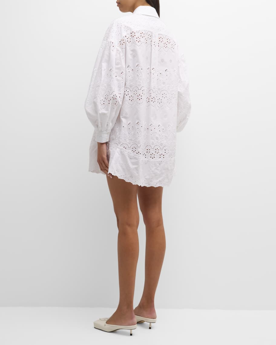 Image 3 of 6: Eyelet Embroidered Long-Sleeve Ruffle Mini Shirtdress