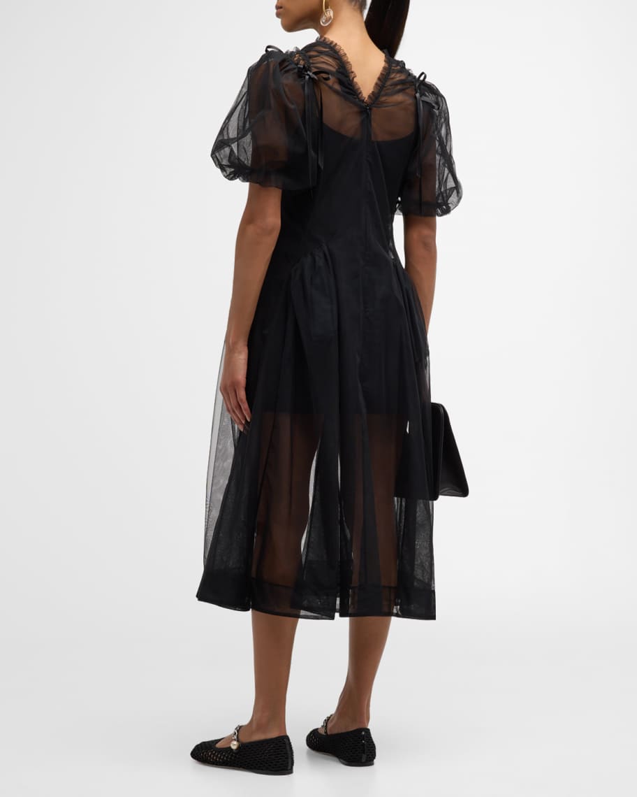 Image 3 of 6: Puff-Sleeve Bow Ruched Bite-Cutout Tulle Midi Dress