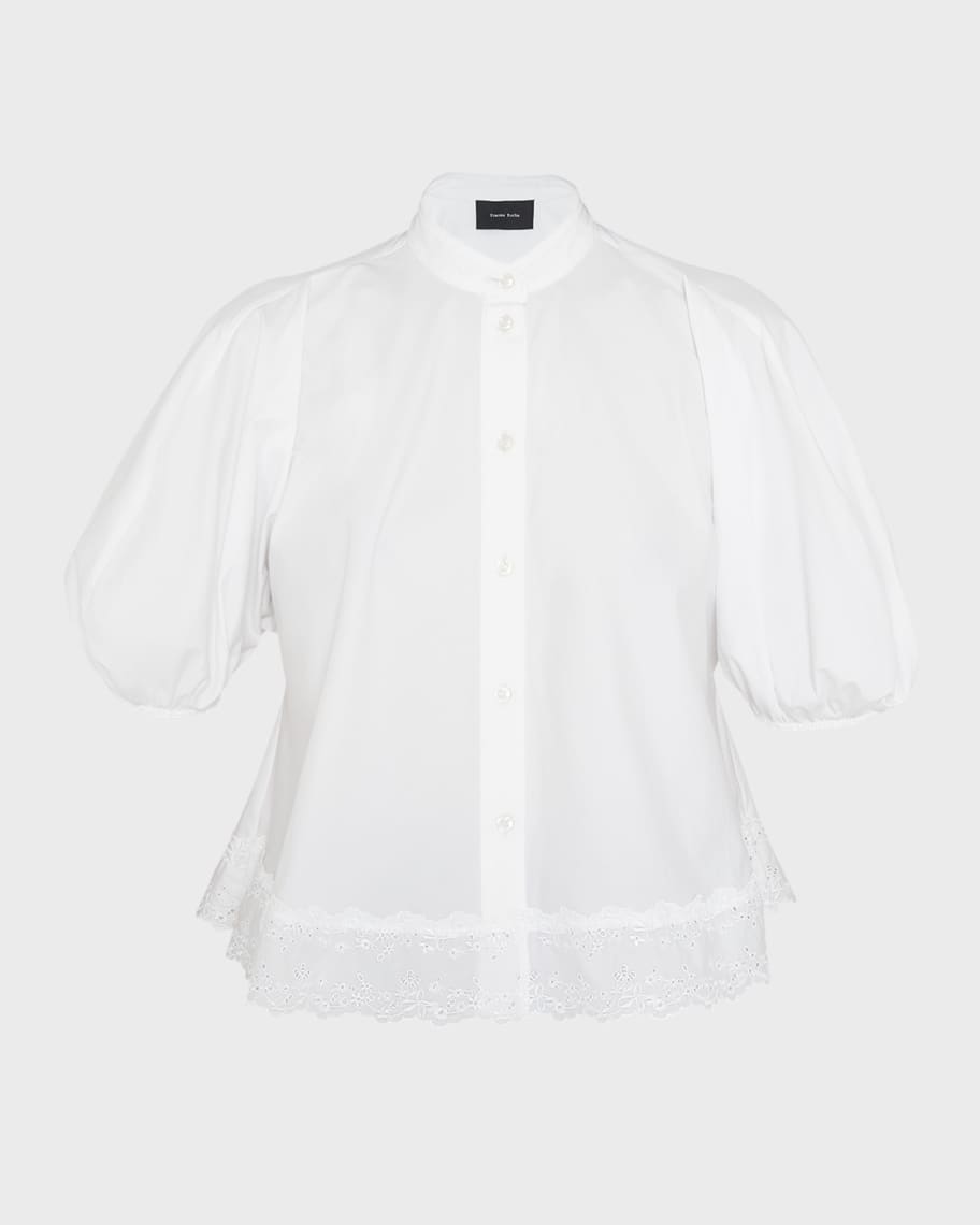 Image 2 of 6: Broderie Anglaise-Trim Puff-Sleeve Crop Shirt