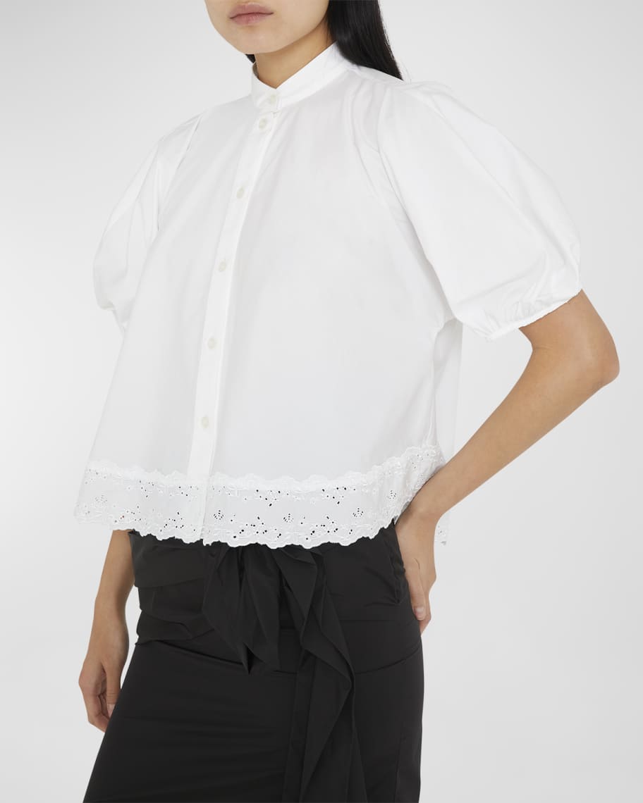 Image 1 of 6: Broderie Anglaise-Trim Puff-Sleeve Crop Shirt