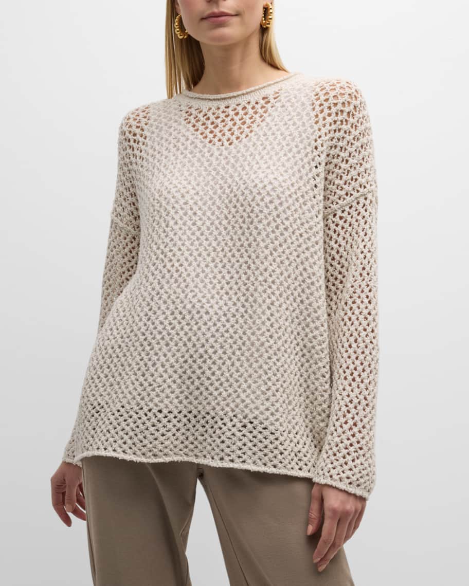 Image 2 of 6: Crewneck Open-Stitch Boucle Pullover
