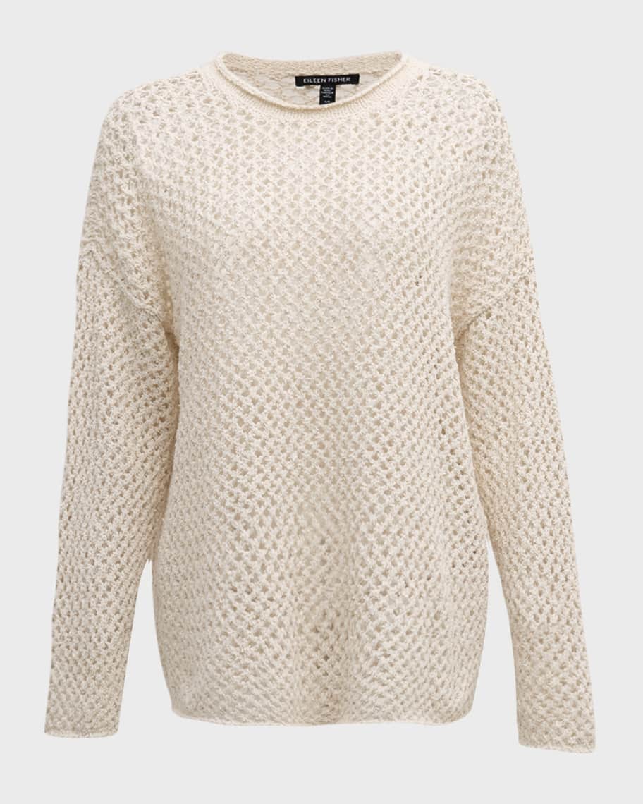 Image 1 of 6: Crewneck Open-Stitch Boucle Pullover