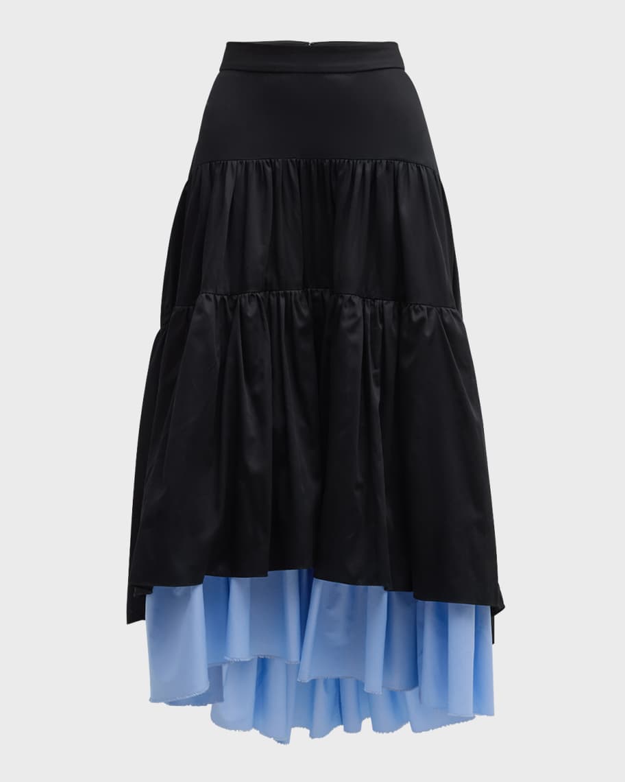 Image 1 of 6: Alyssa Tiered Satin Cotton High-Low Skirt