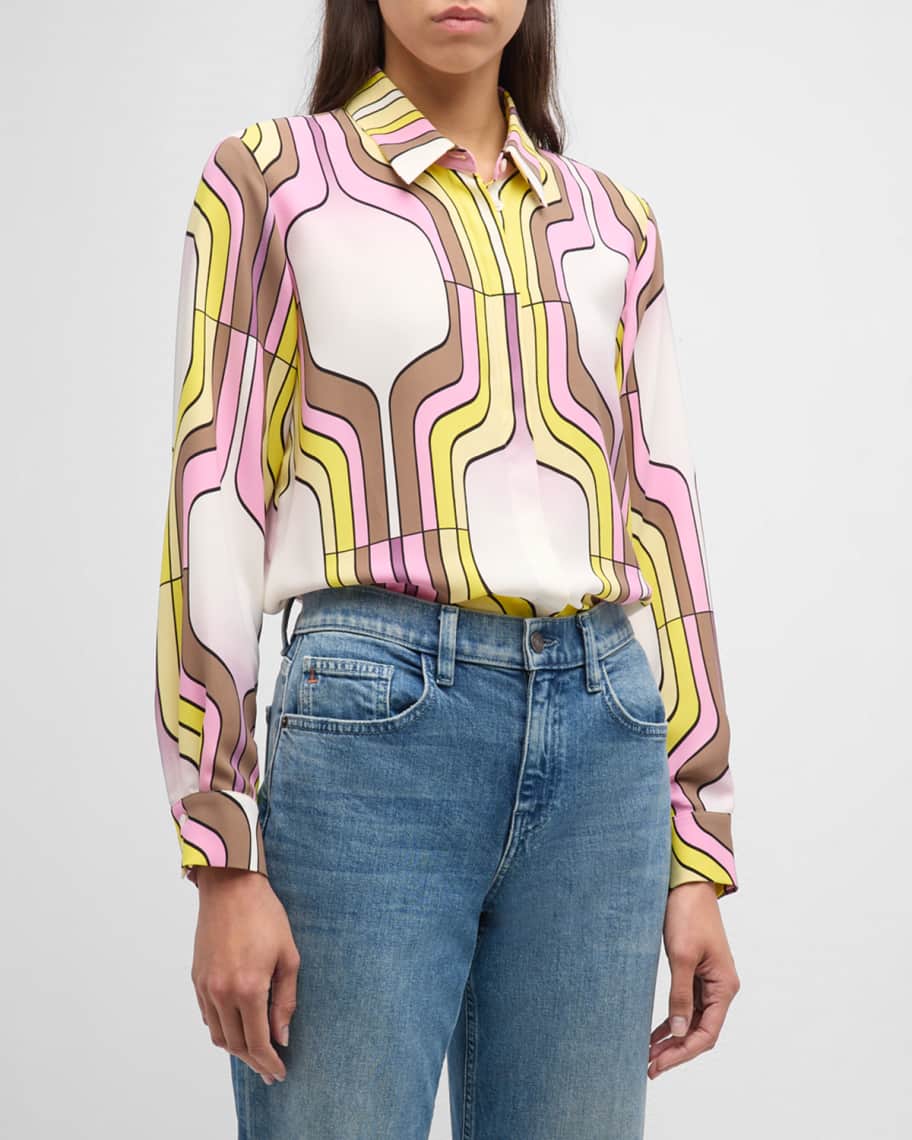 Image 1 of 6: Sirena Geometric-Print Button-Down Blouse