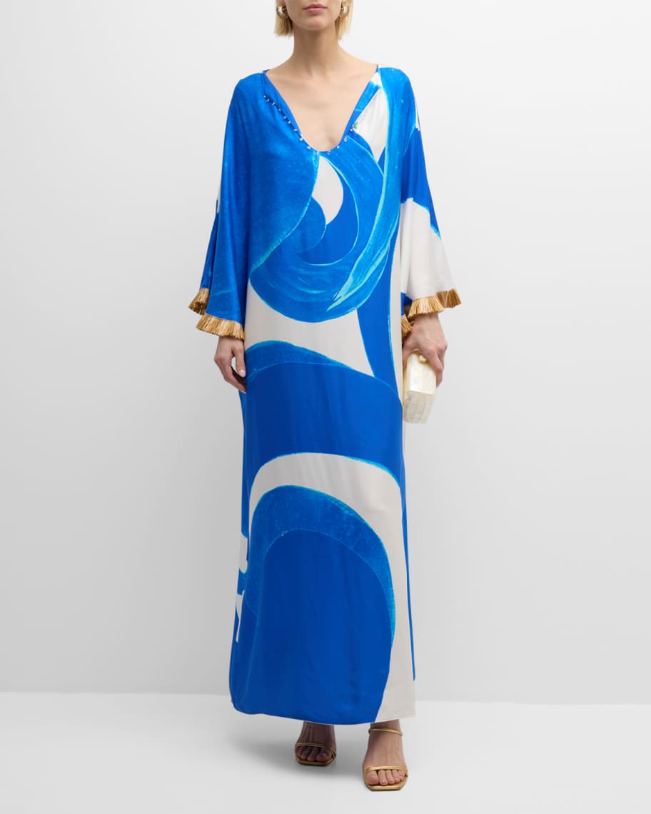 Image 2 of 6: Apollonia Fringe-Trim Abstract-Print Kaftan