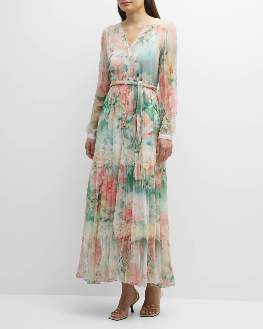 Johnny Was Ruksana Floral-Print Lace-Trim Maxi Dress | Neiman Marcus