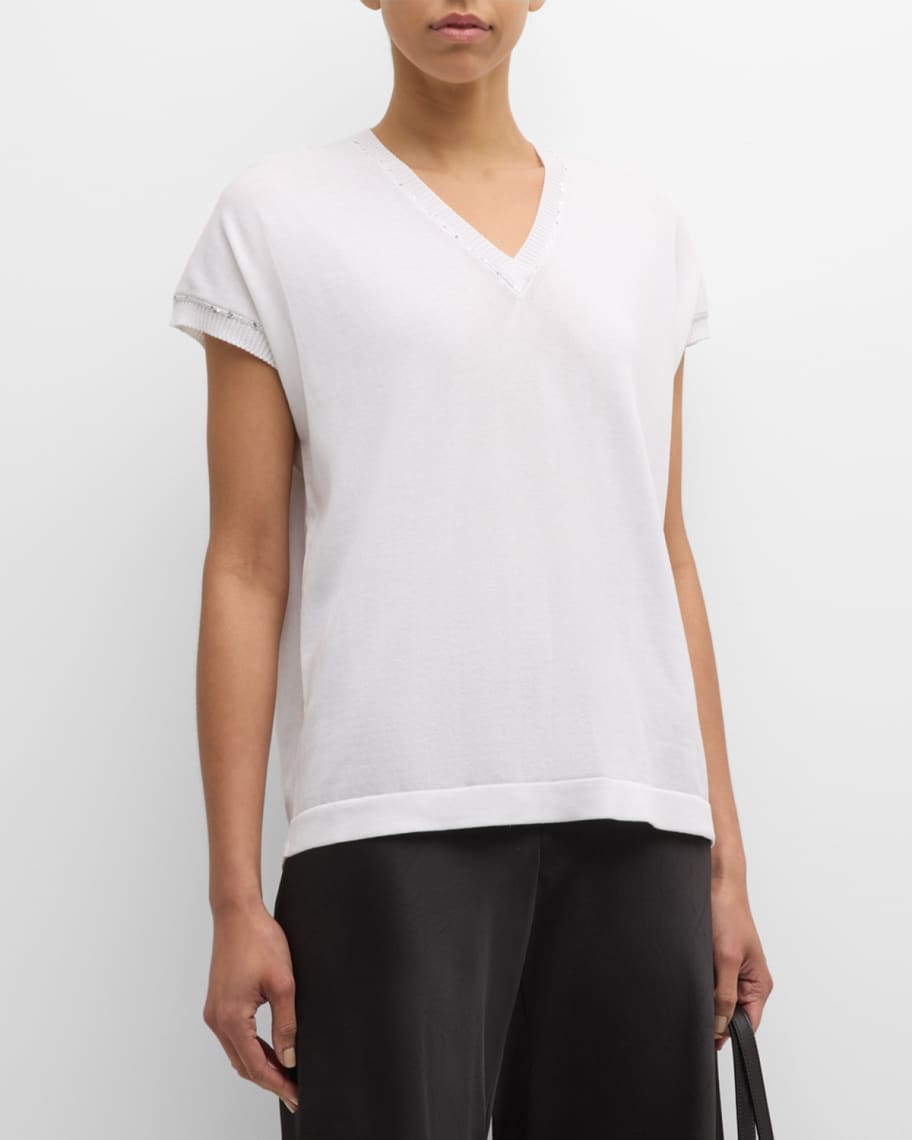 Image 2 of 6: Sequin-Trim Short-Sleeve Cotton Sweater