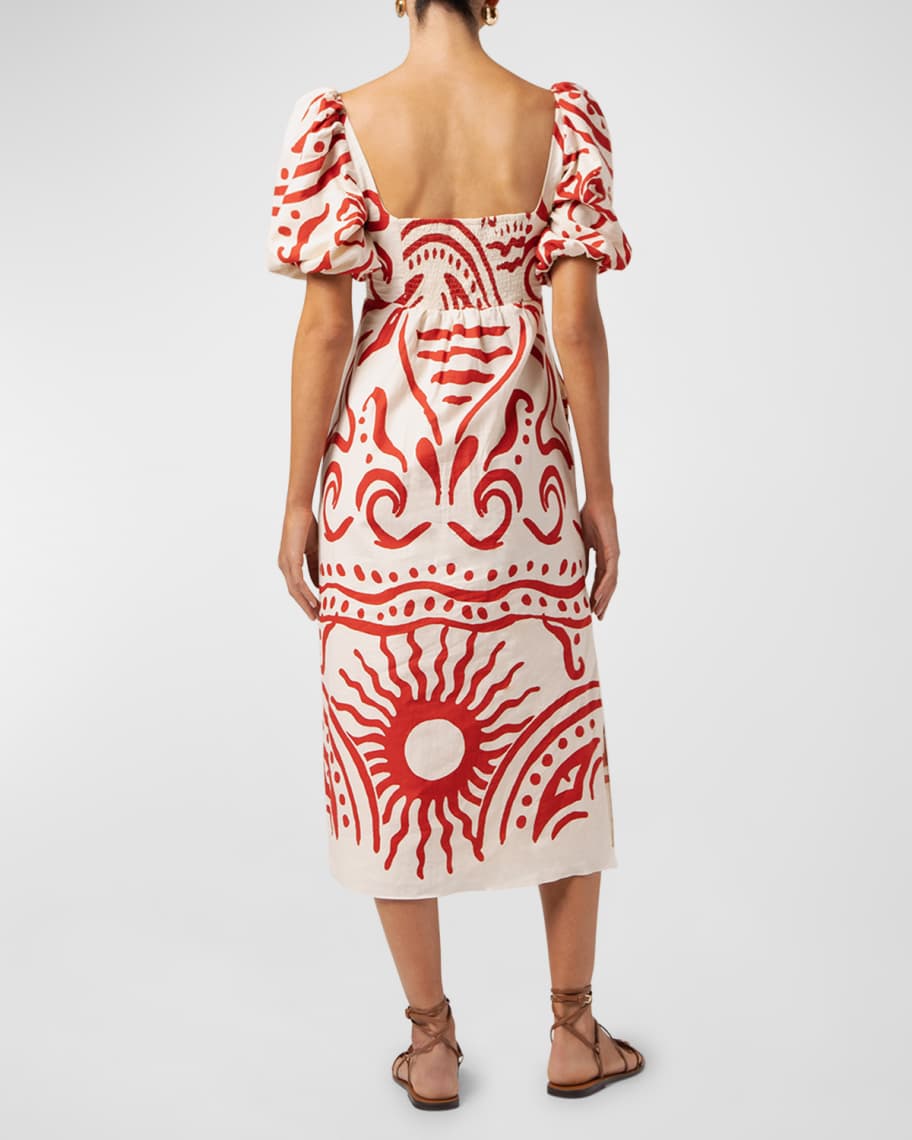 Image 3 of 3: Uti Linen Puff-Sleeve Midi Sheath Dress