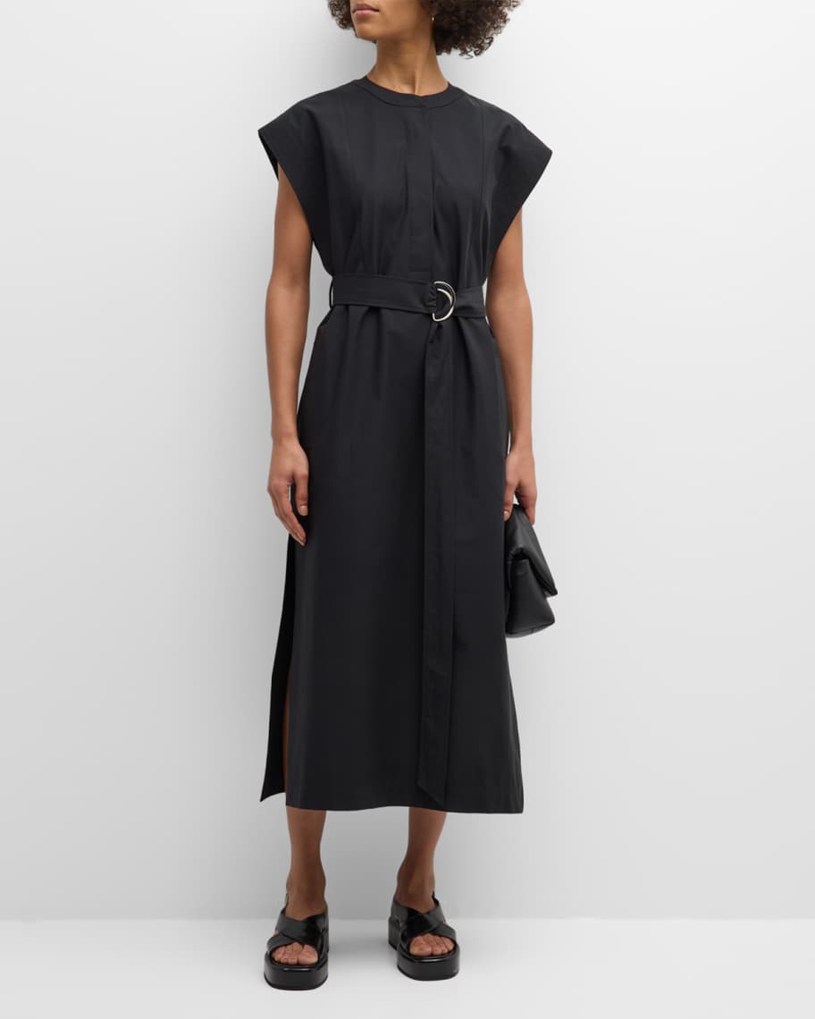 ARGENT Belted Cap-Sleeve Cotton Twill Midi Dress | Neiman Marcus