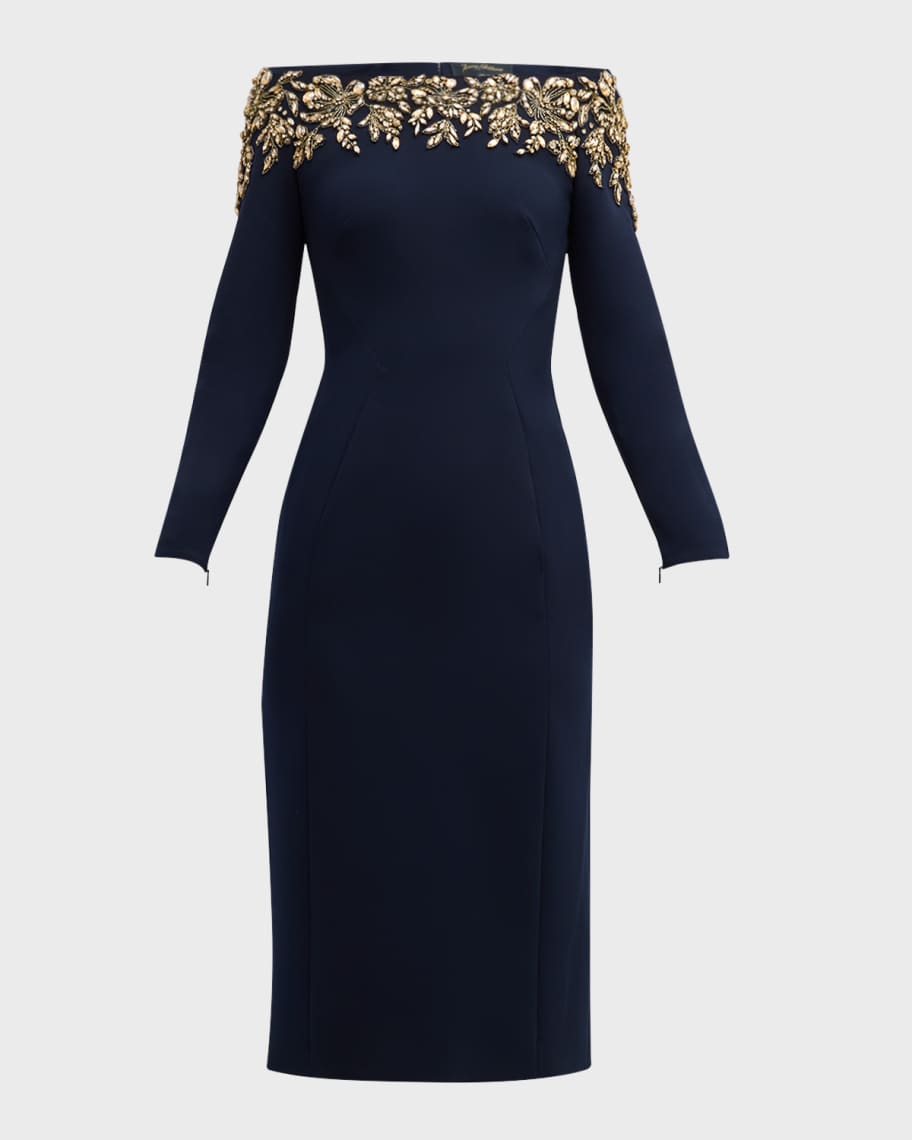 Image 1 of 6: Rosabel Crystal Off-The-Shoulder Long-Sleeve Dress