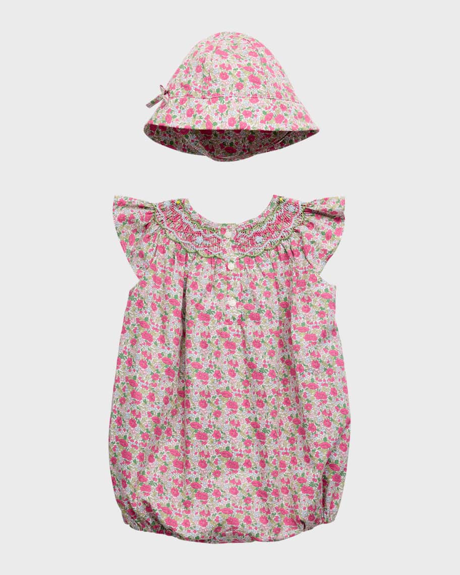 Image 2 of 5: Girl's Smocked Poplin Bubble Shortall and Hat Set, Size 3M-24M