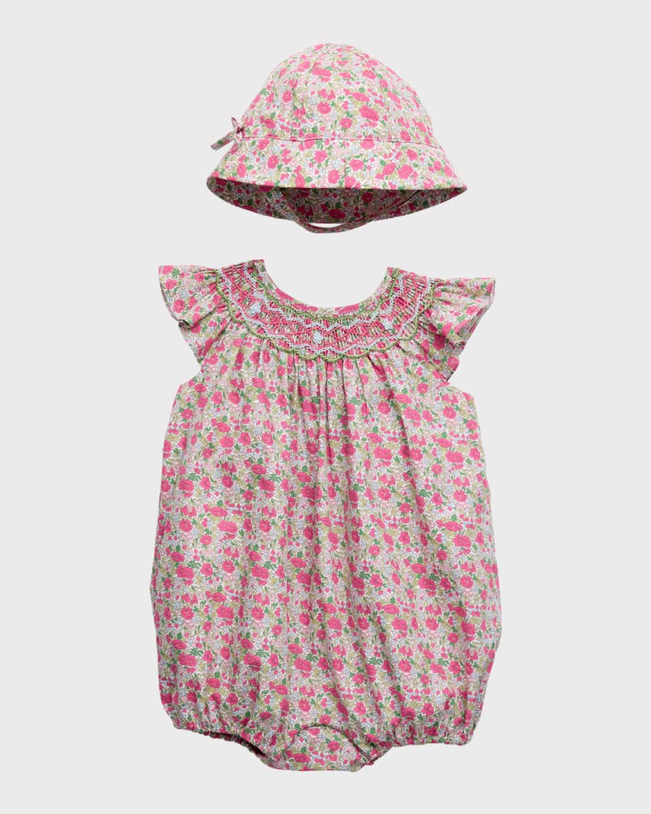 Image 1 of 5: Girl's Smocked Poplin Bubble Shortall and Hat Set, Size 3M-24M