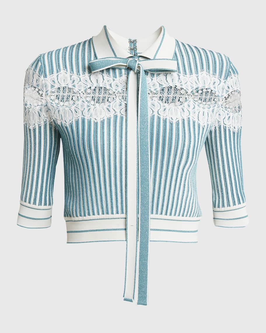 Image 2 of 5: Lace-Inset Metallic Pleated Knit Crop Polo Shirt