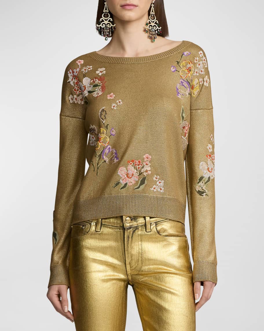 Image 2 of 6: Embellished Foiled Silk Crewneck Sweater