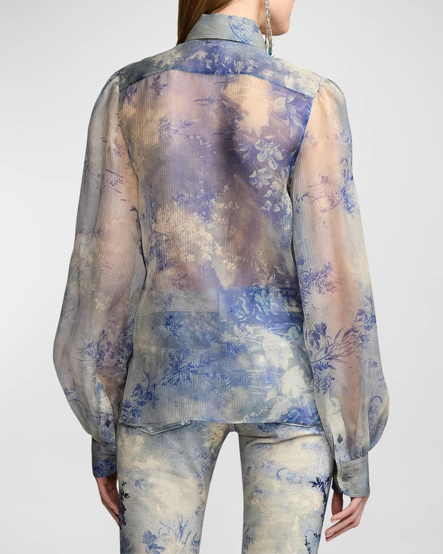 Image 3 of 5: Dylon Ruffle-Trim Floral Silk Shirt