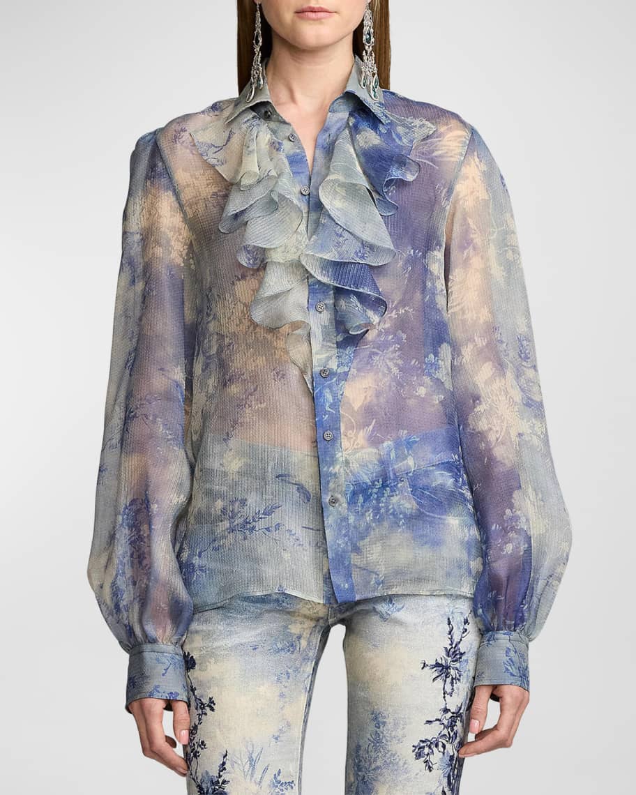 Image 1 of 5: Dylon Ruffle-Trim Floral Silk Shirt