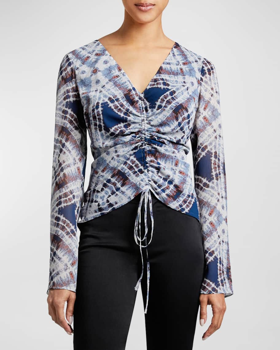 Santorelli Ravela Ruched Abstract-Print Blouse | Neiman Marcus
