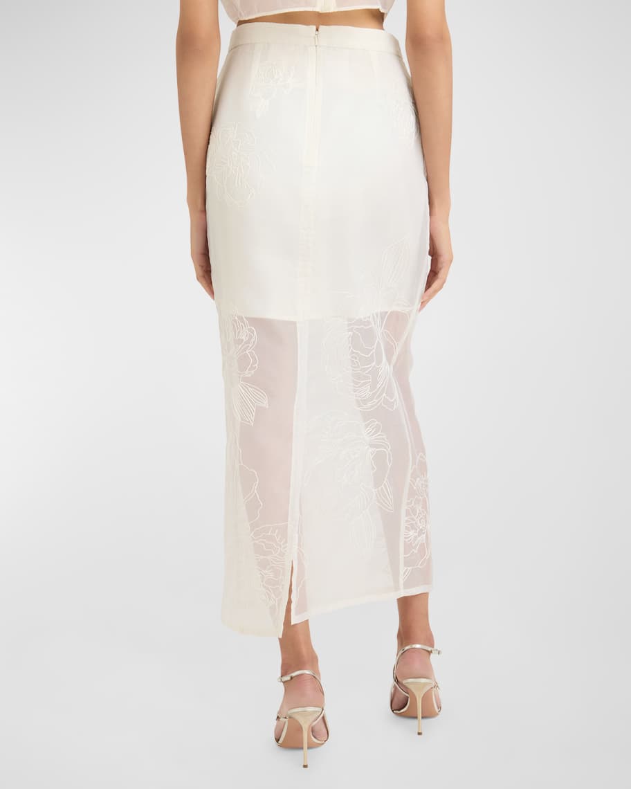 Image 2 of 3: Etta Floral-Embroidered Sheer Midi Skirt