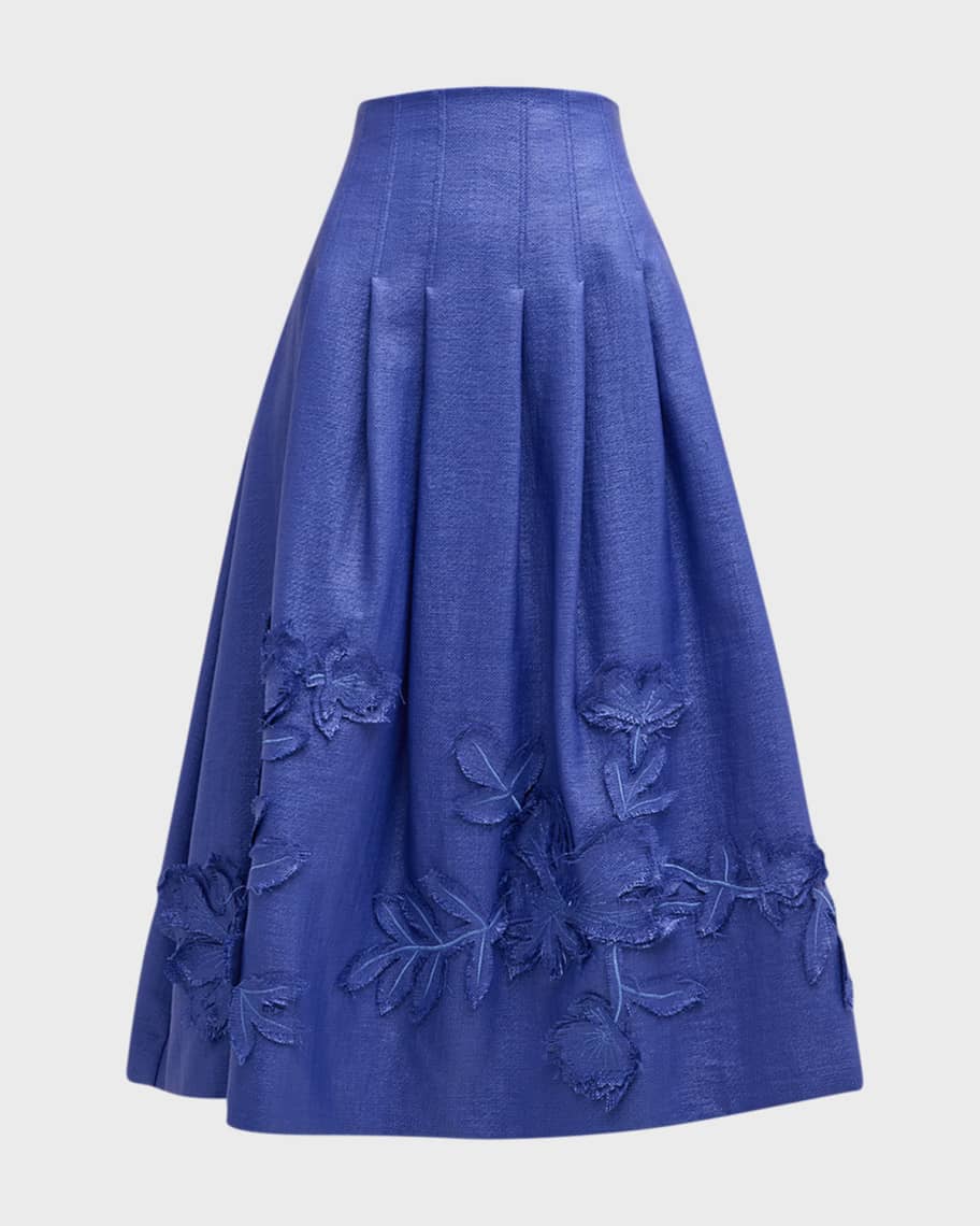 Image 2 of 6: Pleated A-Line Floral Applique Midi Skirt