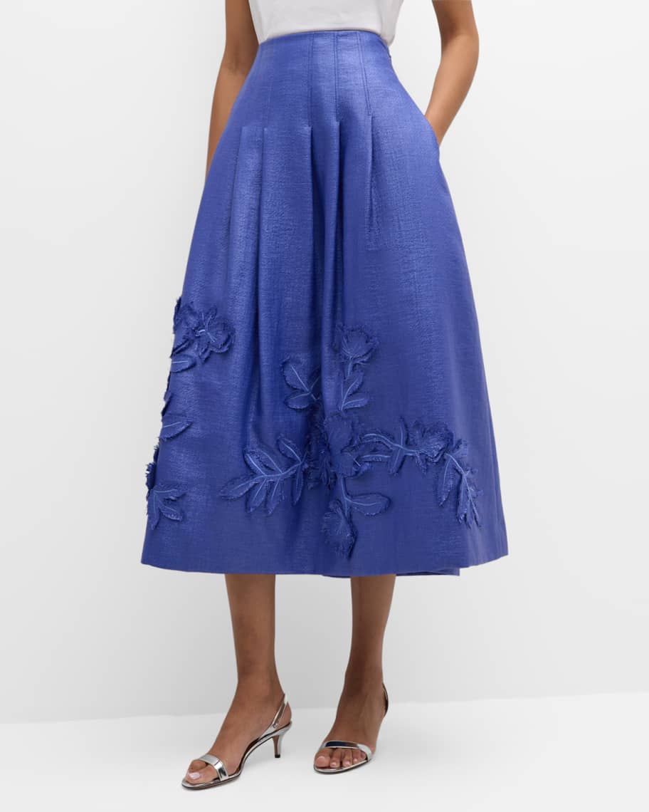 Image 1 of 6: Pleated A-Line Floral Applique Midi Skirt