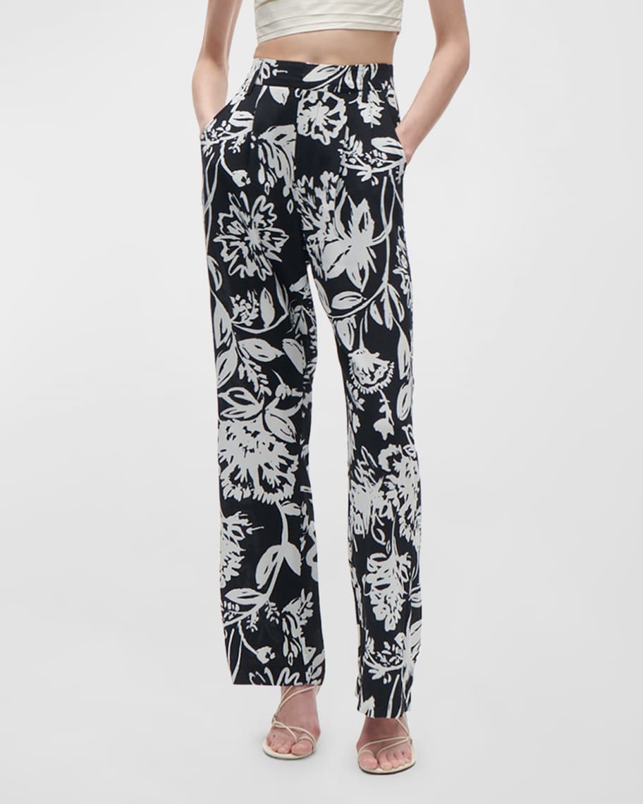 Image 1 of 3: Hadley High-Rise Floral-Print Pleated Straight-Leg Pants