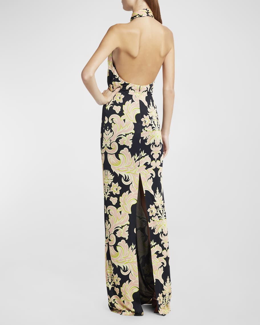 Image 3 of 6: Floral Print Draped Halter Gown