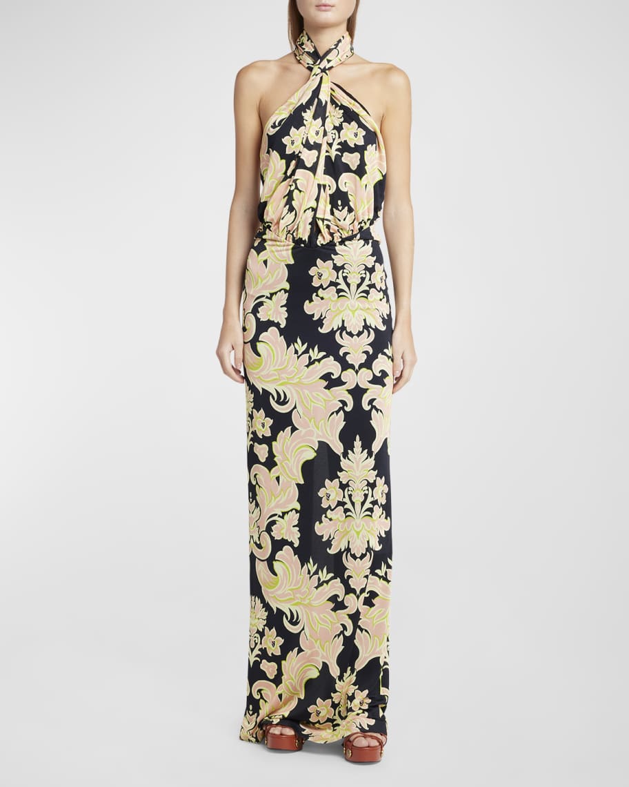 Etro Floral Print Draped Halter Gown | Neiman Marcus