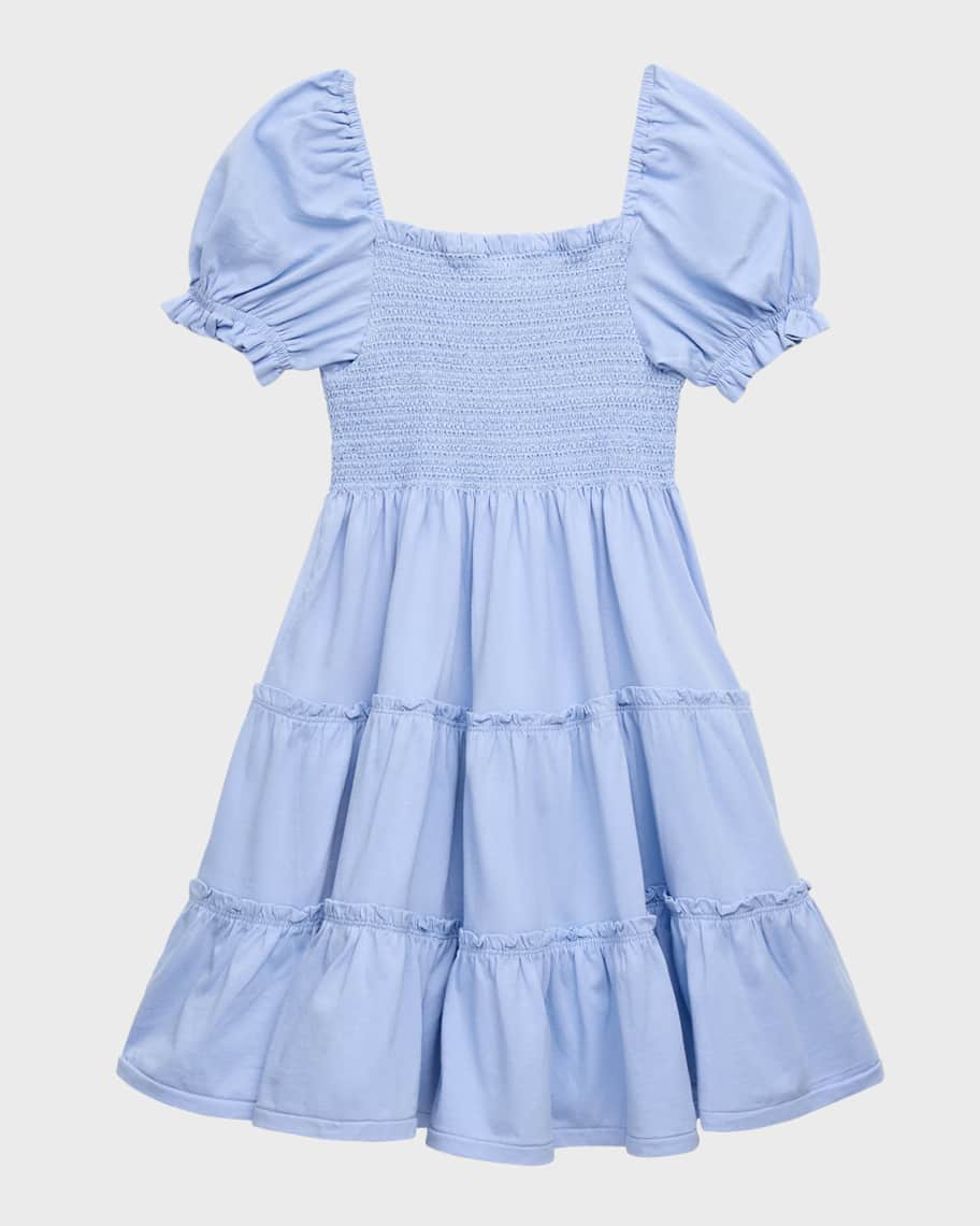 Image 2 of 3: Girl's Smocked Puff-Sleeve Cotton Day Dress, Size 2-6X