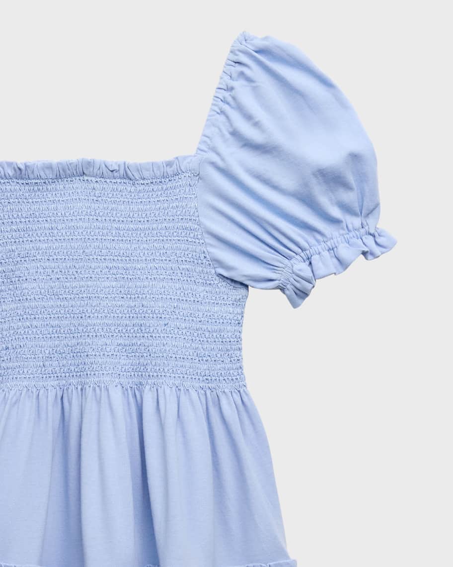 Image 3 of 3: Girl's Smocked Puff-Sleeve Cotton Day Dress, Size 2-6X