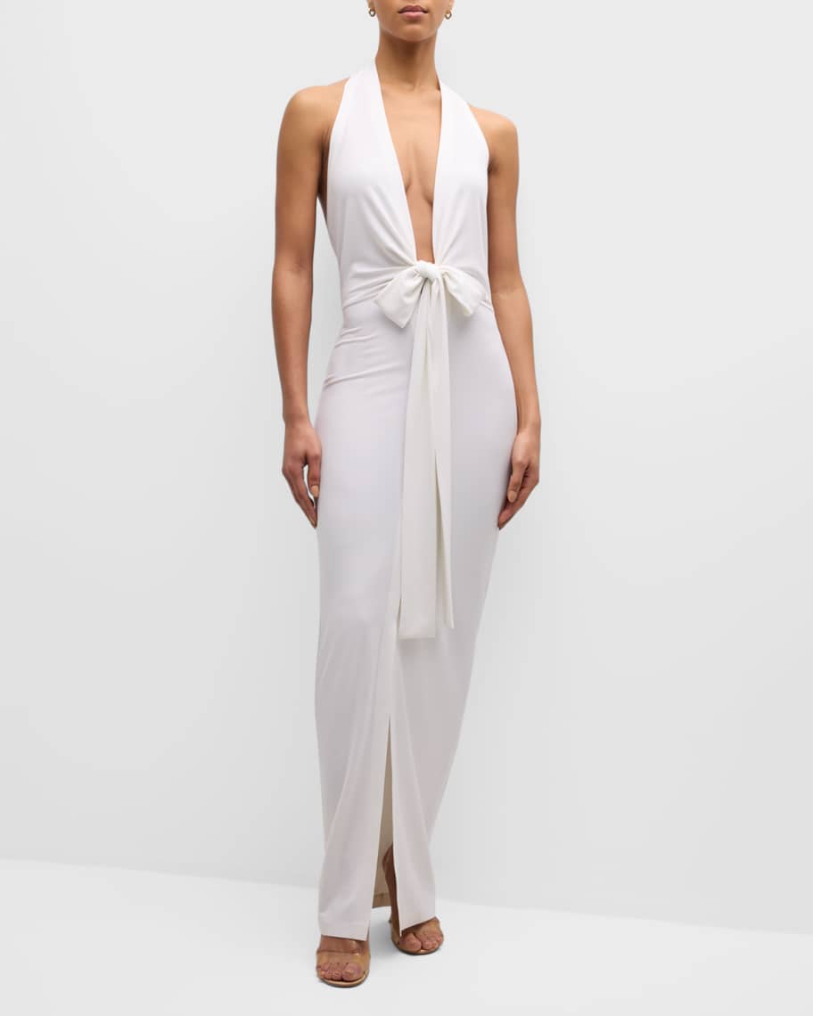 slim fit dress slacks Norma Kamali Halter Fishtail Gown (Chocolate) – Rent To Dress NZ main image 0