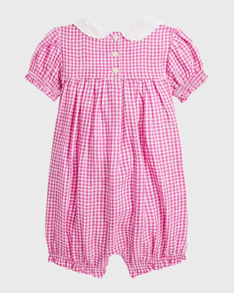 Image 2 of 2: Girls Ruffled Linen Gingham One-Piece Shortalls, Size 3M-24M