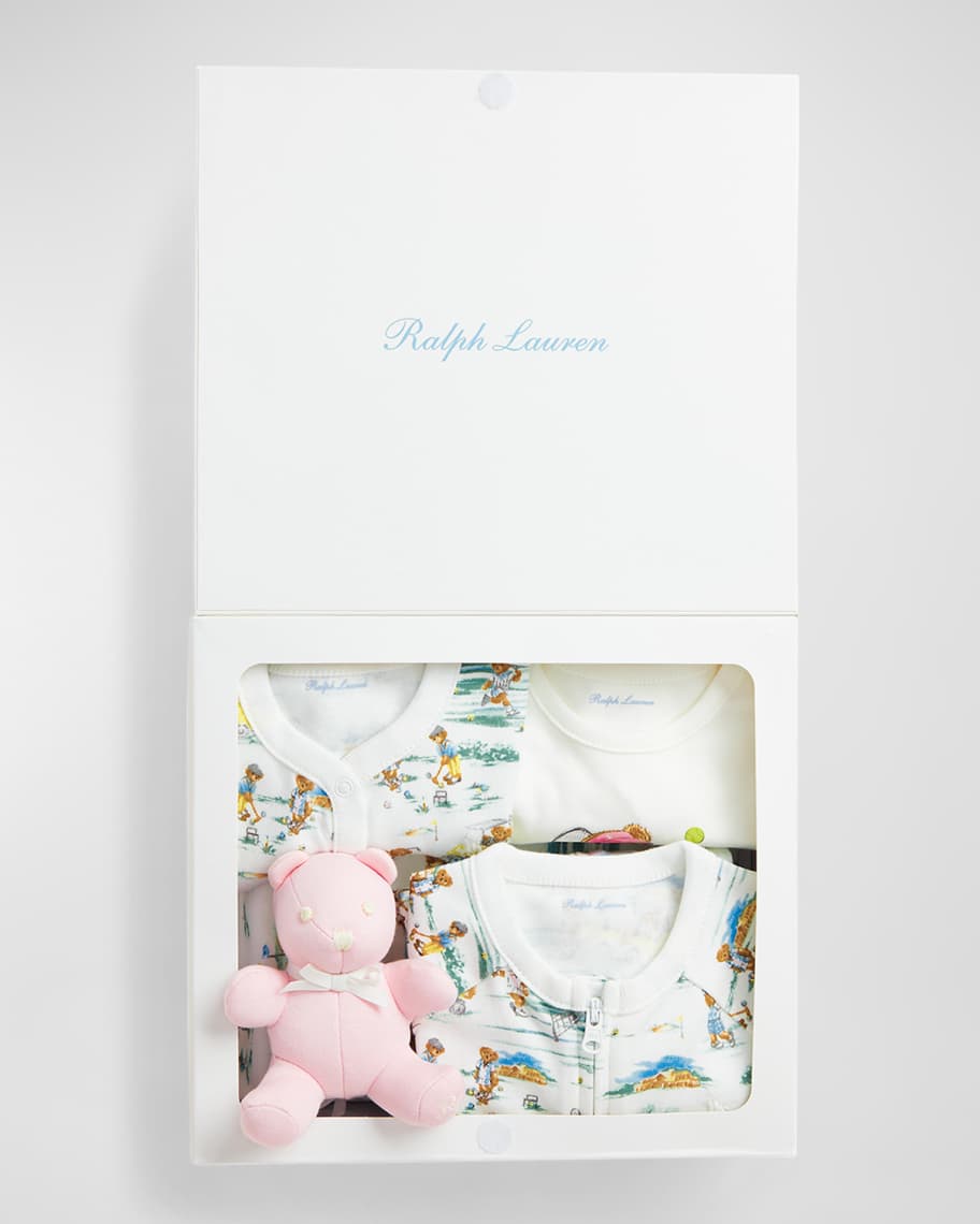 Image 2 of 3: Girl's Interlock Bear 4-Piece Gift Box Set, Size Newborn-9M