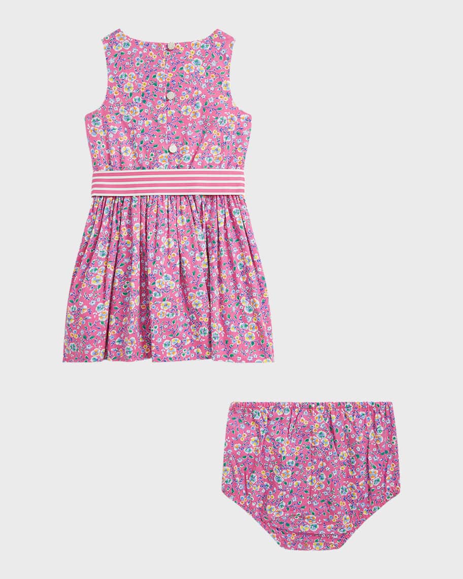 Image 2 of 3: Girl's Sleeveless Cotton Poplin Fit & Flare Dress with Bloomers, Size 3M-24M