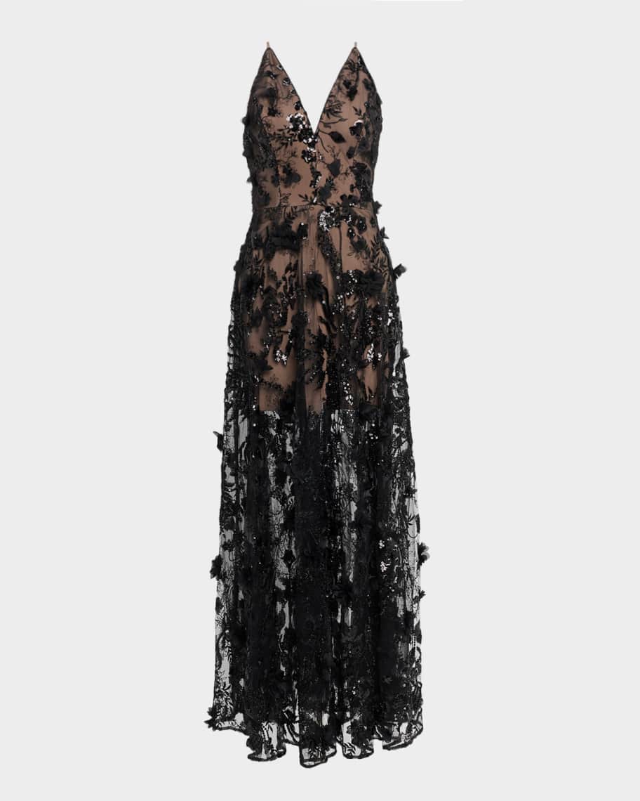 Dress the Population Black Label Sidney Bead & Sequin Floral-Embroidered  Gown | Neiman Marcus